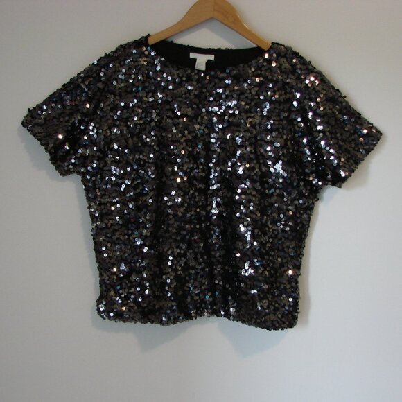 H&M Black Silver Sequin Top Sparkle Loose Fit Holiday Party Size Small - Picture 2 of 13